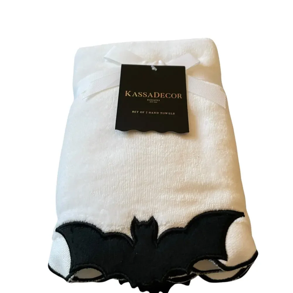 Kassadecor Halloween Bat Hand Towels 18x28 Plush Black & White Set of 2 NEW